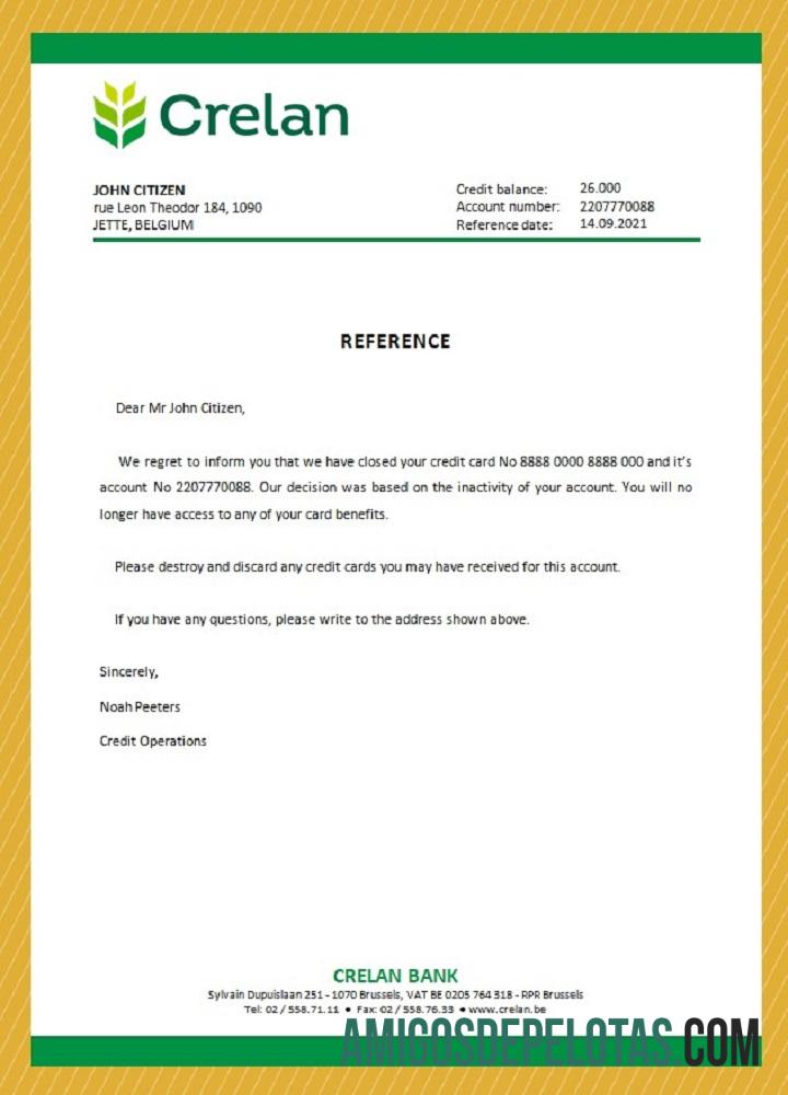 Referência de fechamento de Crelan da Bélgica exemplo real